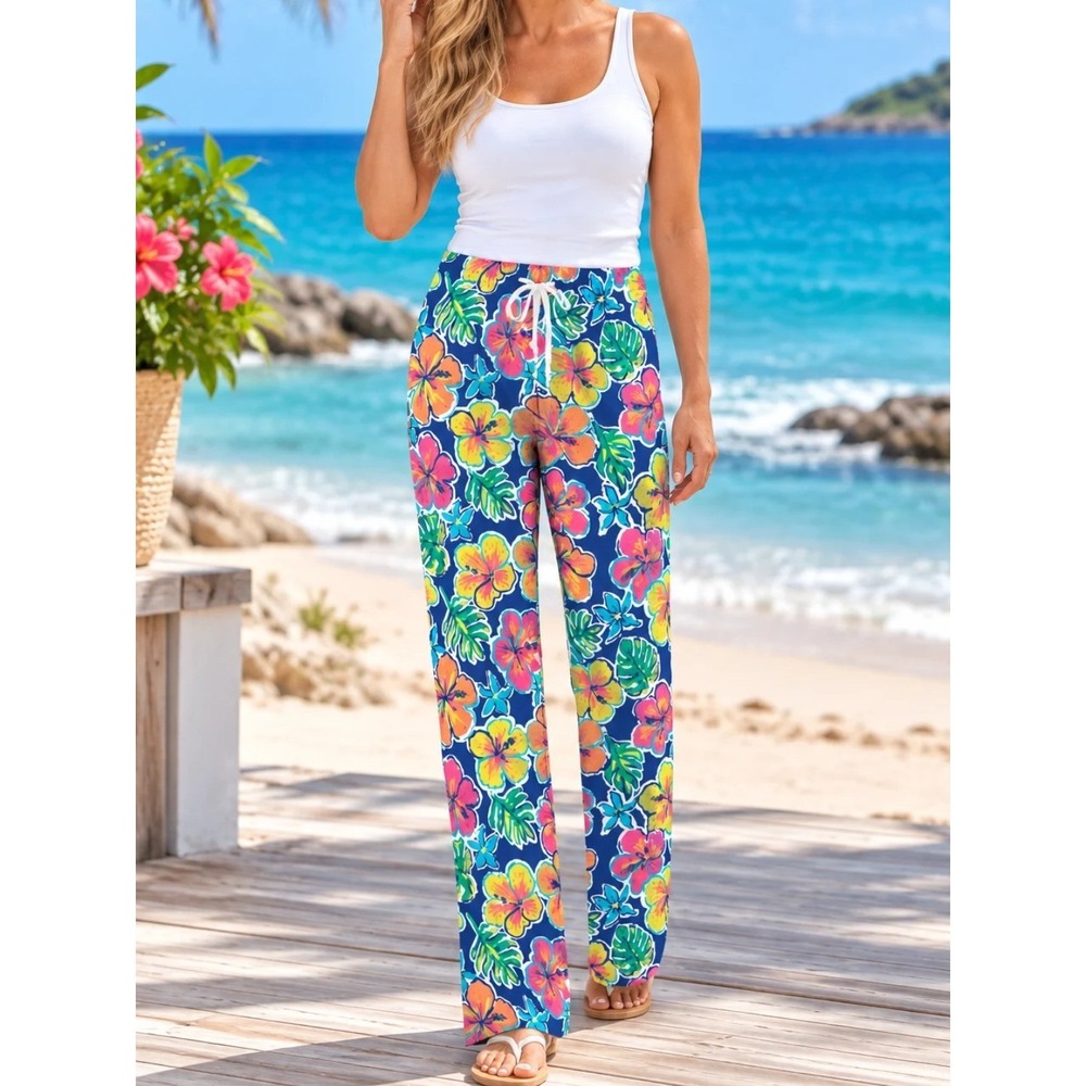 Southern Couture Tropical Hibiscus Floral Lounge Pants Navy Blue Straight Leg